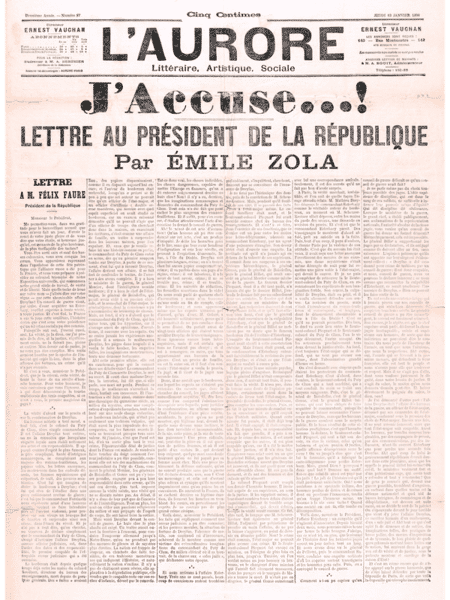 Article du journal « l'Aurore » où il y a la lettre ouverte « J'accuse » de Zola.